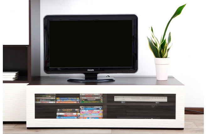 Meuble TV design lumineux 1.25 m chocolat et blanc SYMBIOSIS