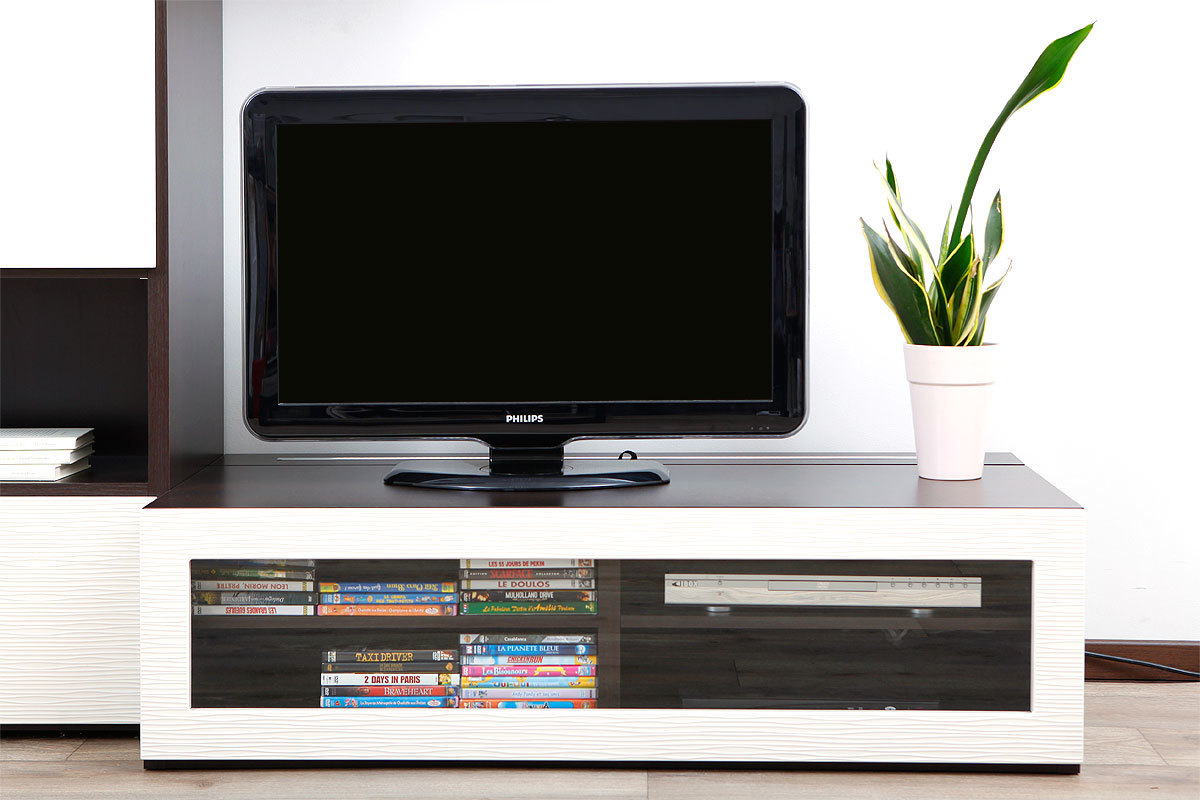 Meuble TV design lumineux 1.25 m chocolat et blanc SYMBIOSIS