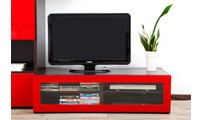 Meuble TV design lumineux 1.25 m chocolat et rouge laqu&eacute; SYMBIOSIS