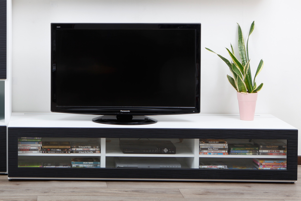 Meuble TV design lumineux 1.89 m blanc et noir SYMBIOSIS