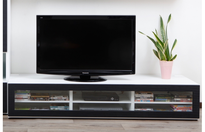 Meuble TV design lumineux 1.89 m blanc et noir SYMBIOSIS
