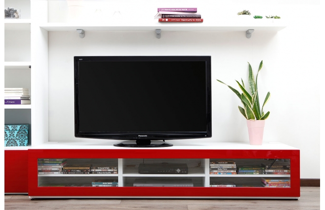 Meuble TV design lumineux 1.89 m blanc et rouge laqu&eacute; SYMBIOSIS