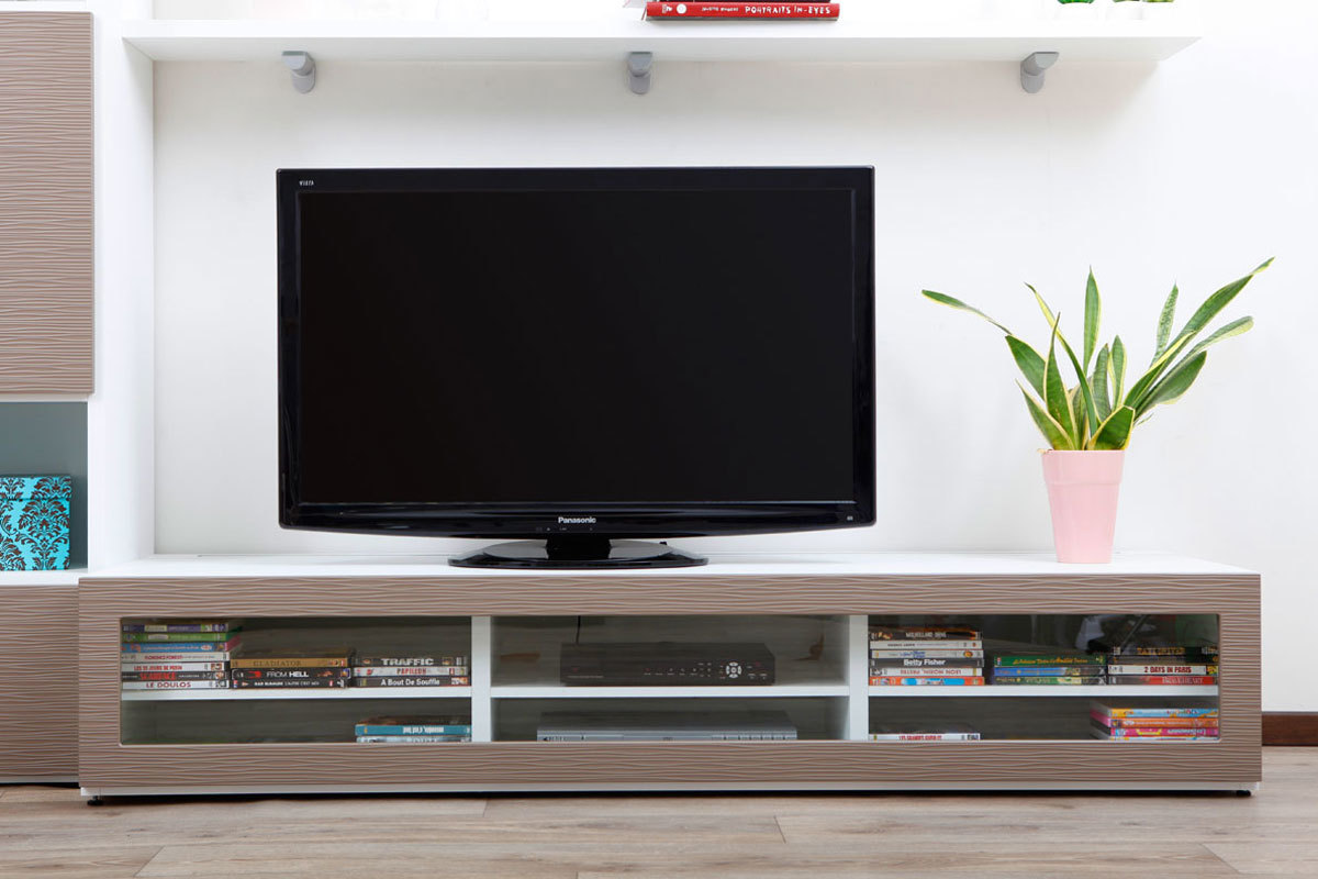 Meuble TV design lumineux 1.89 m blanc et taupe SYMBIOSIS