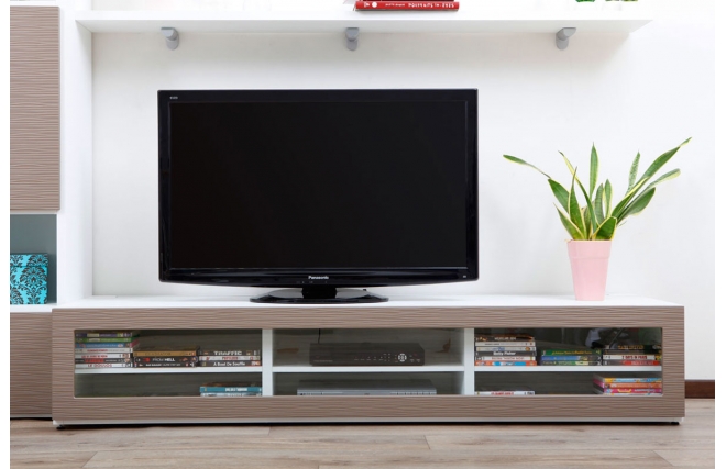 Meuble TV design lumineux 1.89 m blanc et taupe SYMBIOSIS
