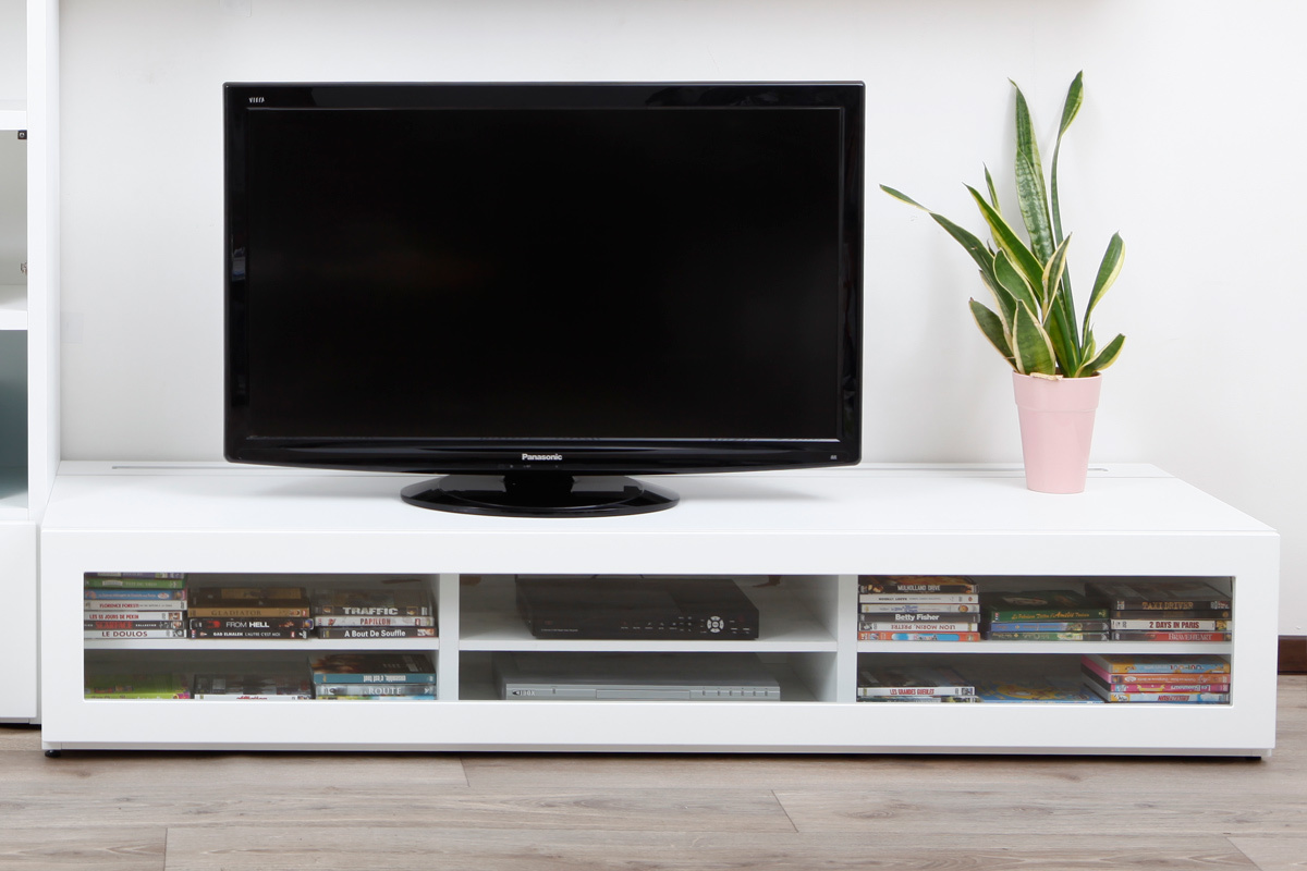 Meuble TV design lumineux 1.89 m blanc laqu&eacute; SYMBIOSIS