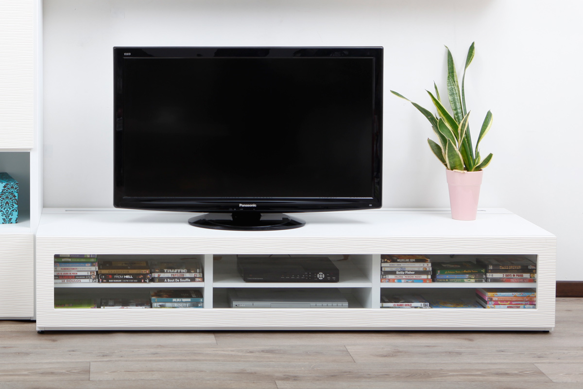 Meuble TV design lumineux 1.89 m blanc SYMBIOSIS