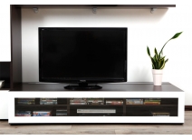 Meuble TV design lumineux 1.89 m chocolat et blanc laqu&eacute; SYMBIOSIS