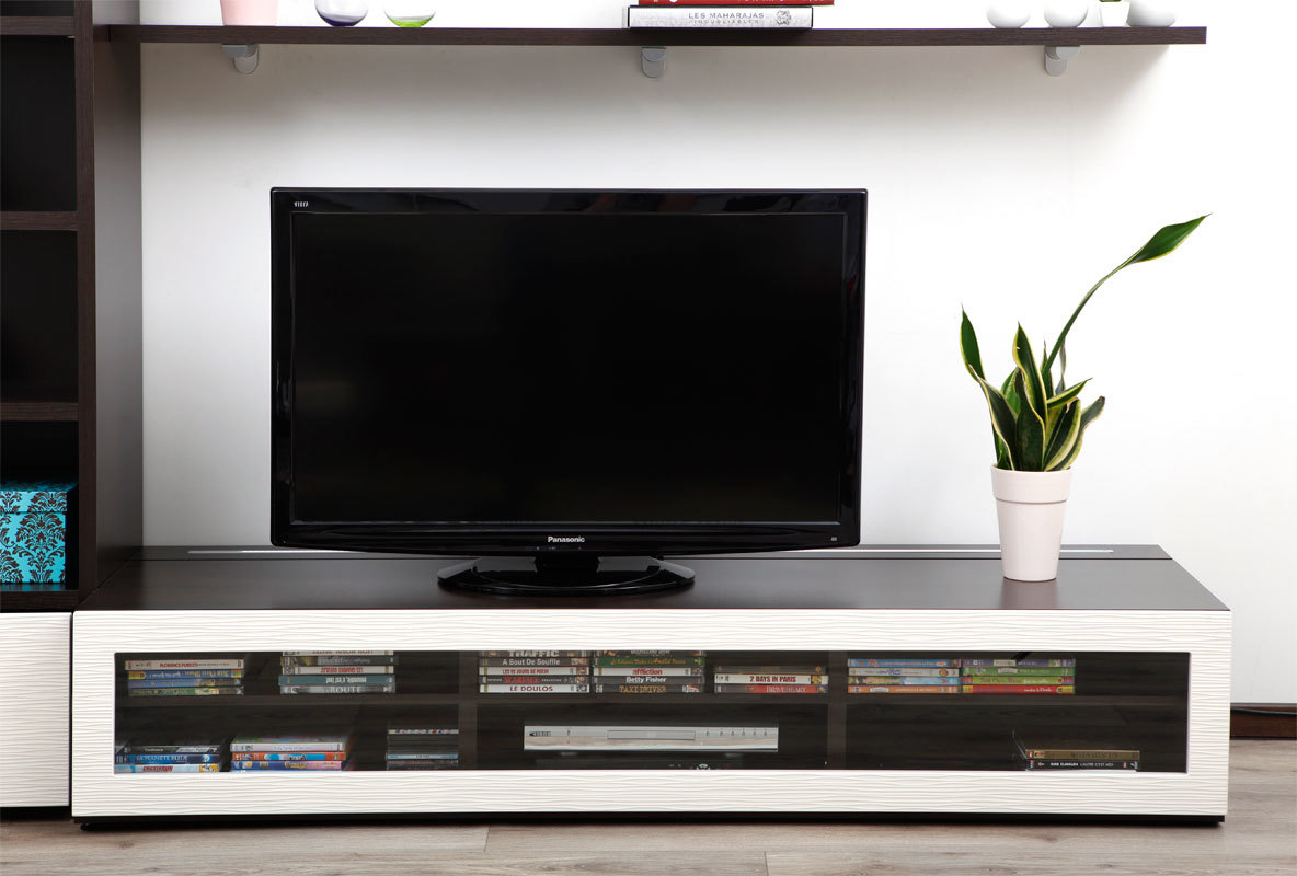 Meuble TV design lumineux 1.89 m chocolat et blanc SYMBIOSIS