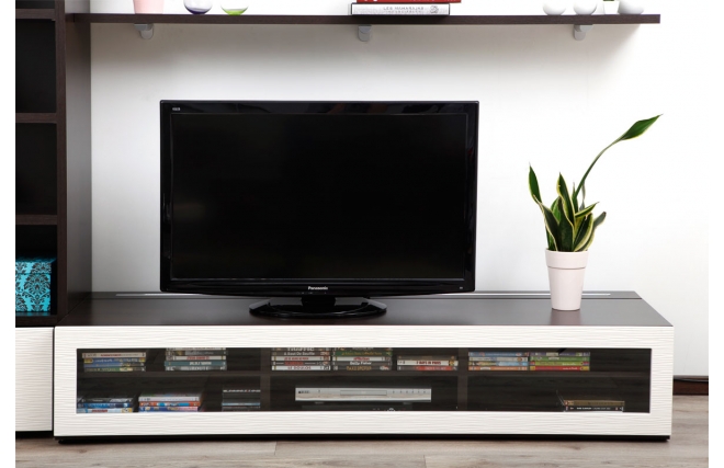 Meuble TV design lumineux 1.89 m chocolat et blanc SYMBIOSIS