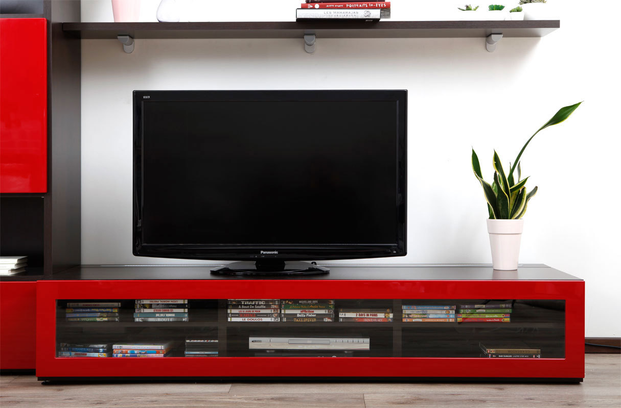 Meuble TV design lumineux 1.89 m chocolat et rouge laqu&eacute; SYMBIOSIS