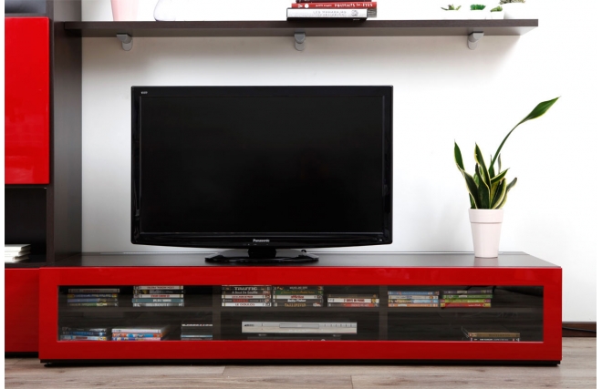 Meuble TV design lumineux 1.89 m chocolat et rouge laqu&eacute; SYMBIOSIS