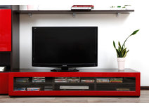 Meuble TV design lumineux 1.89 m chocolat et rouge laqu&eacute; SYMBIOSIS