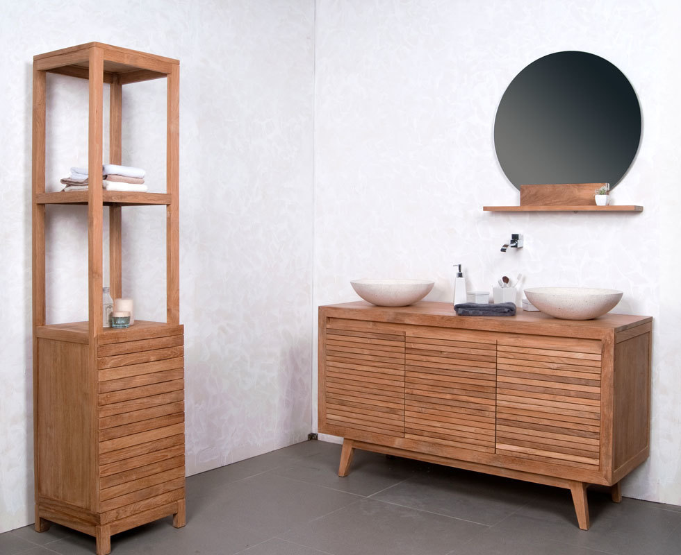 Miroir de salle de bain rond en teck design AOKI - Miliboo