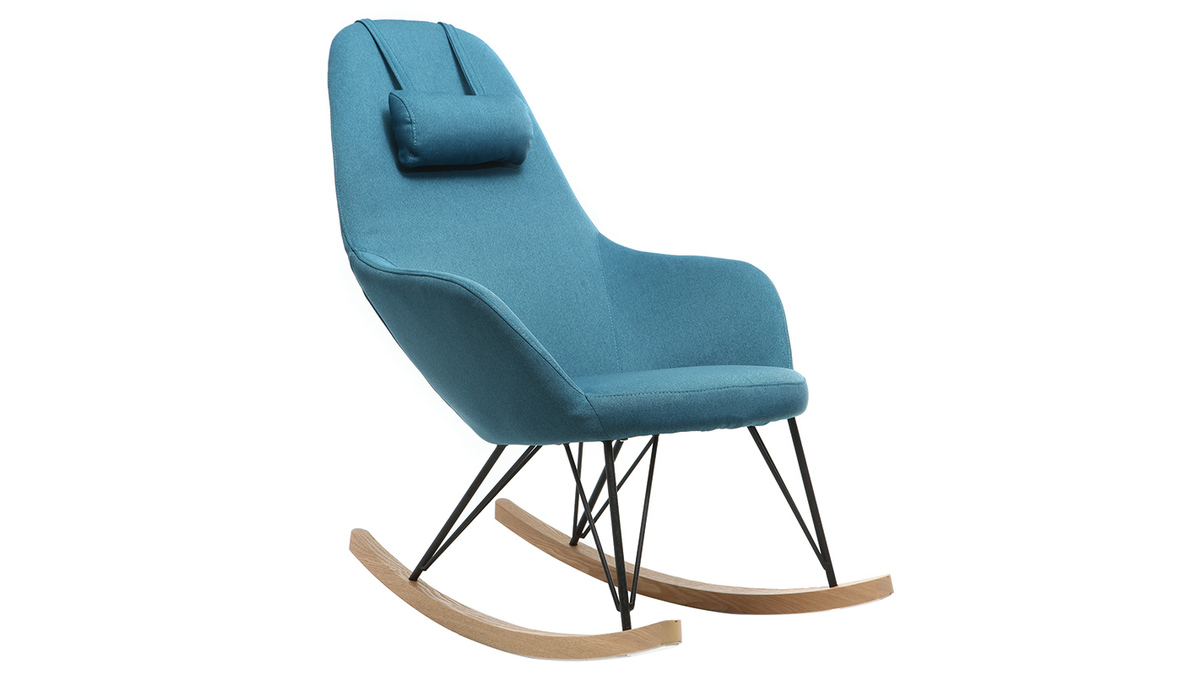 Rocking chair scandinave en tissu bleu canard, mtal noir et bois clair JHENE