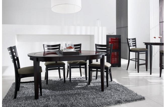 Table &agrave; rallonges / extensible ronde SARA - ch&ecirc;ne malaisien coloris wenge - plateau verre rouge