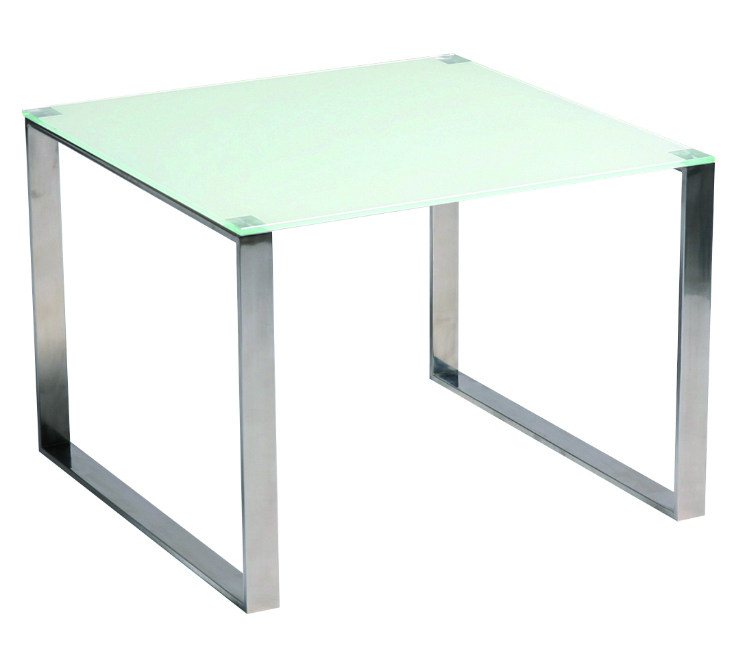 Table basse / bout de canap&eacute; moderne INOLA en inox et verre tremp&eacute; 