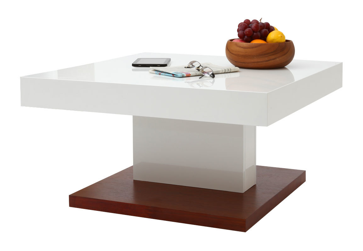 Table basse design laqu&eacute;e blanc et bois plateau ouvrant FUTURA