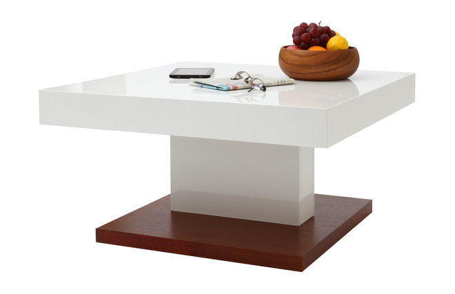 Table basse design laqu&eacute;e blanc et bois plateau ouvrant FUTURA