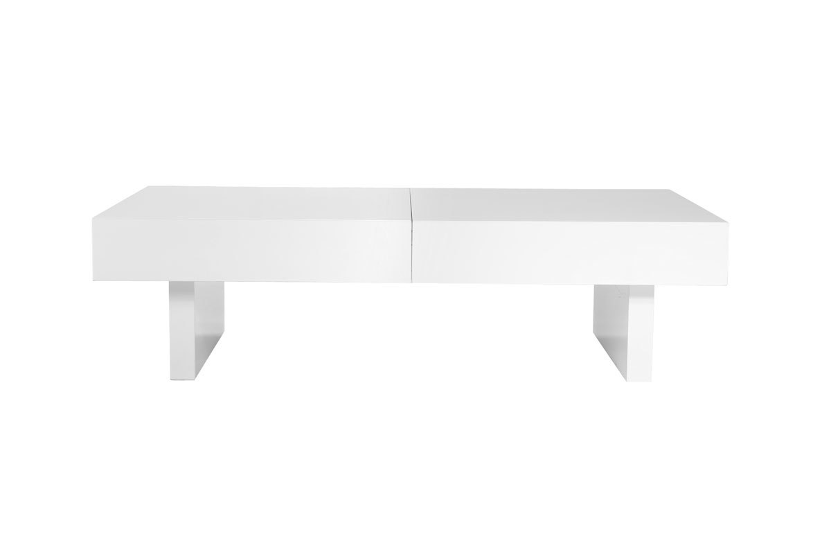 Table basse design laqu&eacute;e blanc plateaux ouvrants GISSY