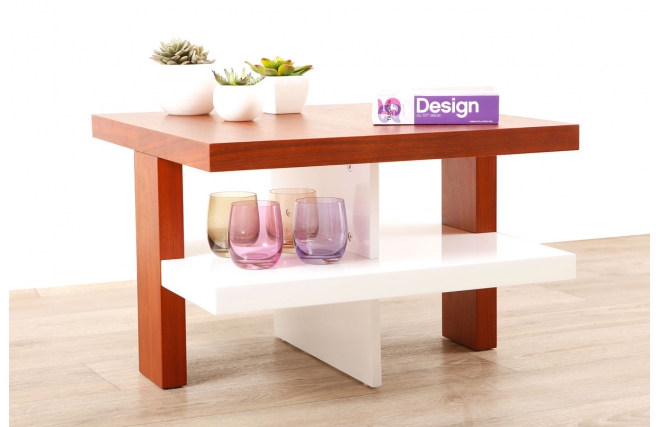 Table basse design laqu&eacute;e blanche et bois GLASGOW
