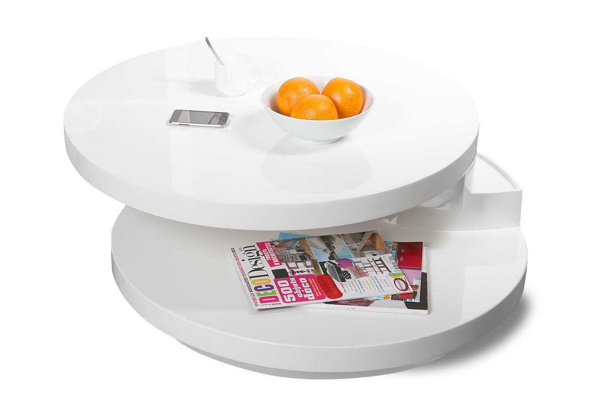 Table basse design laqu&eacute;e blanche plateaux pivotants GLOSSY