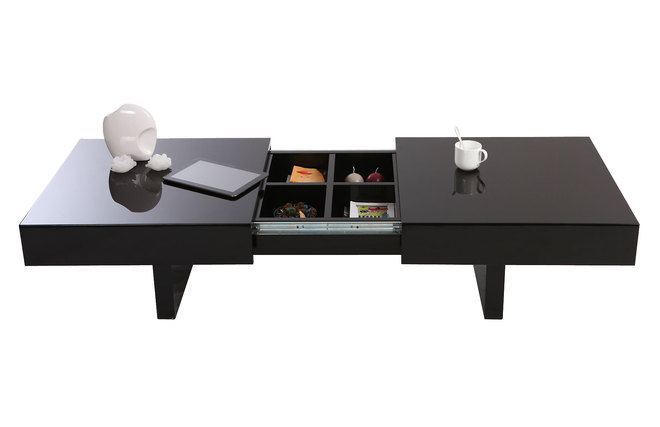 Table basse design laqu&eacute;e noire plateaux ouvrants GISSY