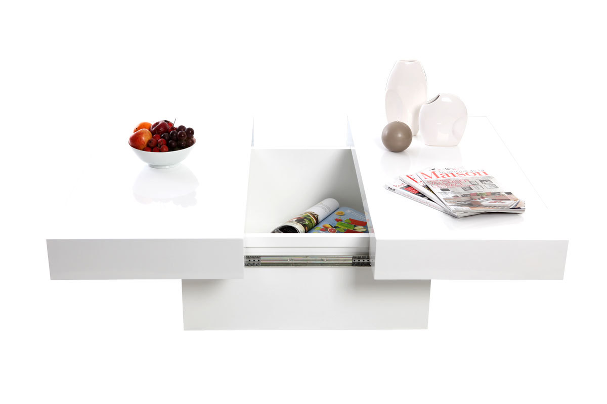Table basse blanc laqu&eacute; avec plateaux ouvrants LAUREEN