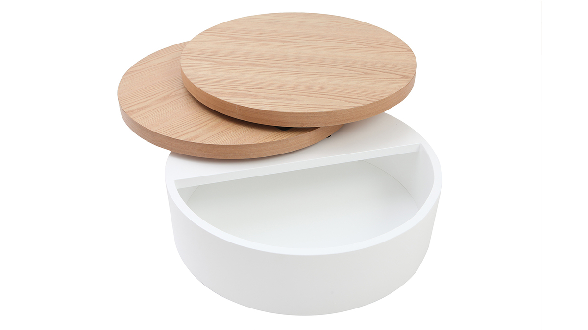 Table basse ronde avec plateaux pivotants et rangement blanc et bois clair chne D80 cm ICON