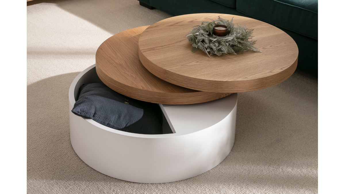 Table basse ronde avec plateaux pivotants et rangement blanc et bois clair chne D80 cm ICON