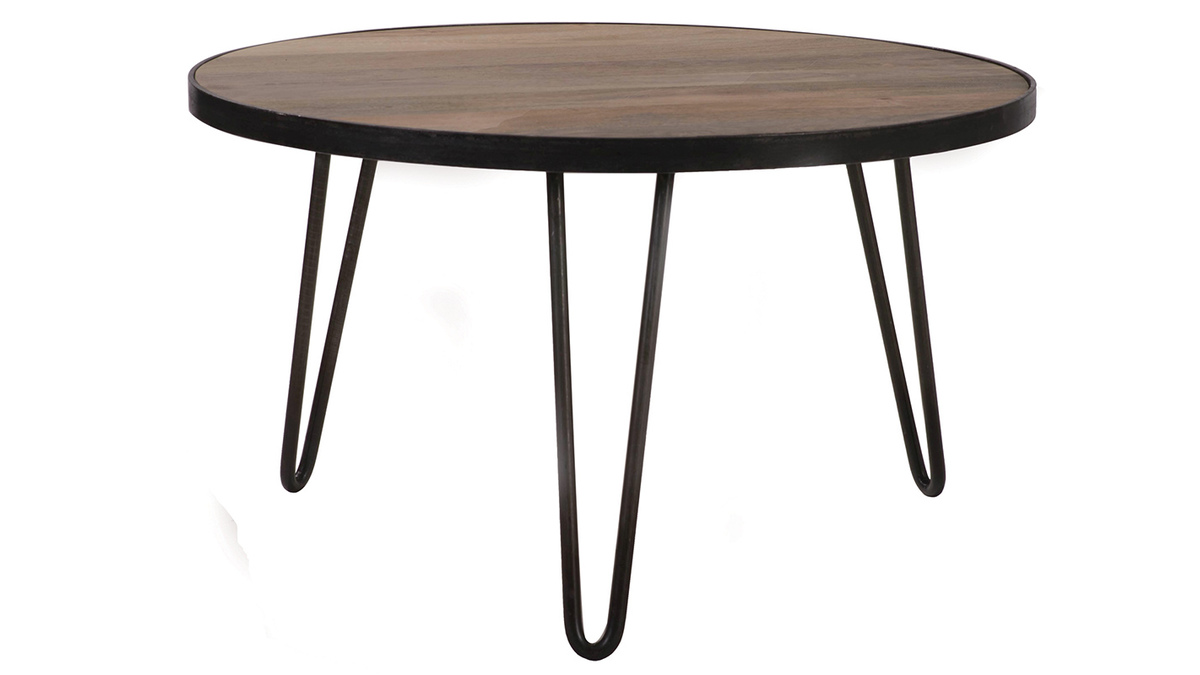 Table basse ronde industrielle bois manguier massif et mtal noir L80 cm ATELIER