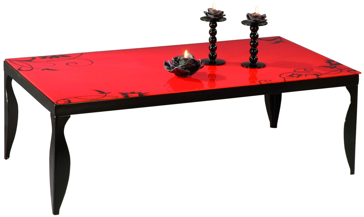 Table basse rouge moderne en acier laqu&eacute; et verre tremp&eacute; Baroca