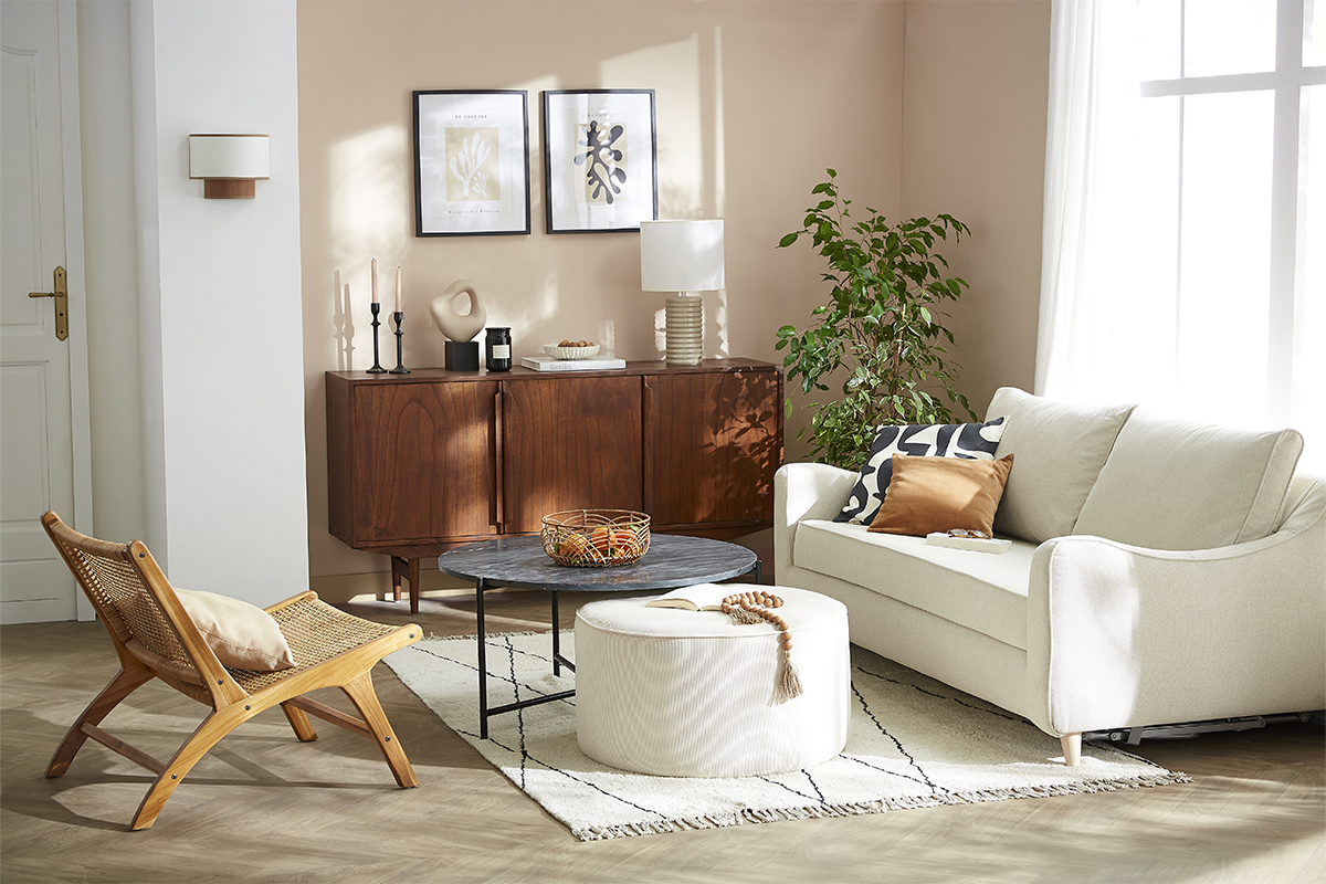 Applique murale bi-mati�re en coton blanc cass� et feuille d'acajou H20 cm SOLAR