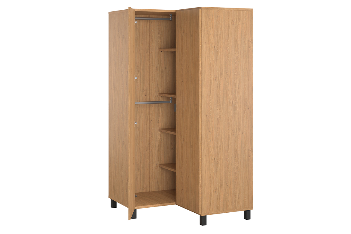 Armoire d'angle avec penderie et tagres finition bois clair et mtal noir L102 cm ORKIS