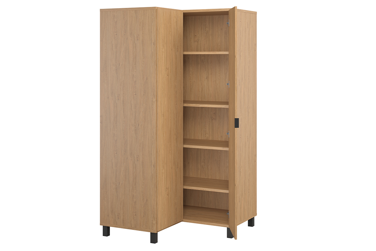 Armoire d'angle avec penderie et tagres finition bois clair et mtal noir L102 cm ORKIS