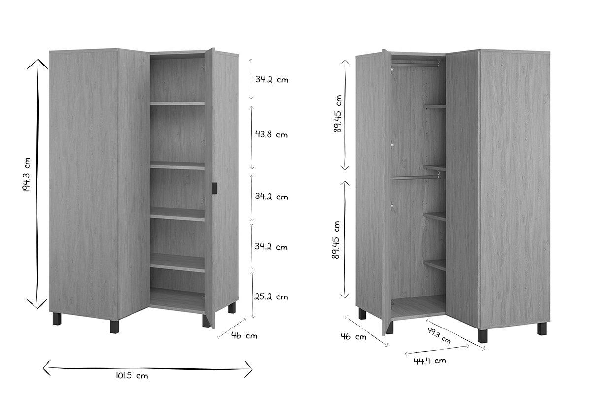 Armoire d'angle avec penderie et tagres finition bois clair et mtal noir L102 cm ORKIS