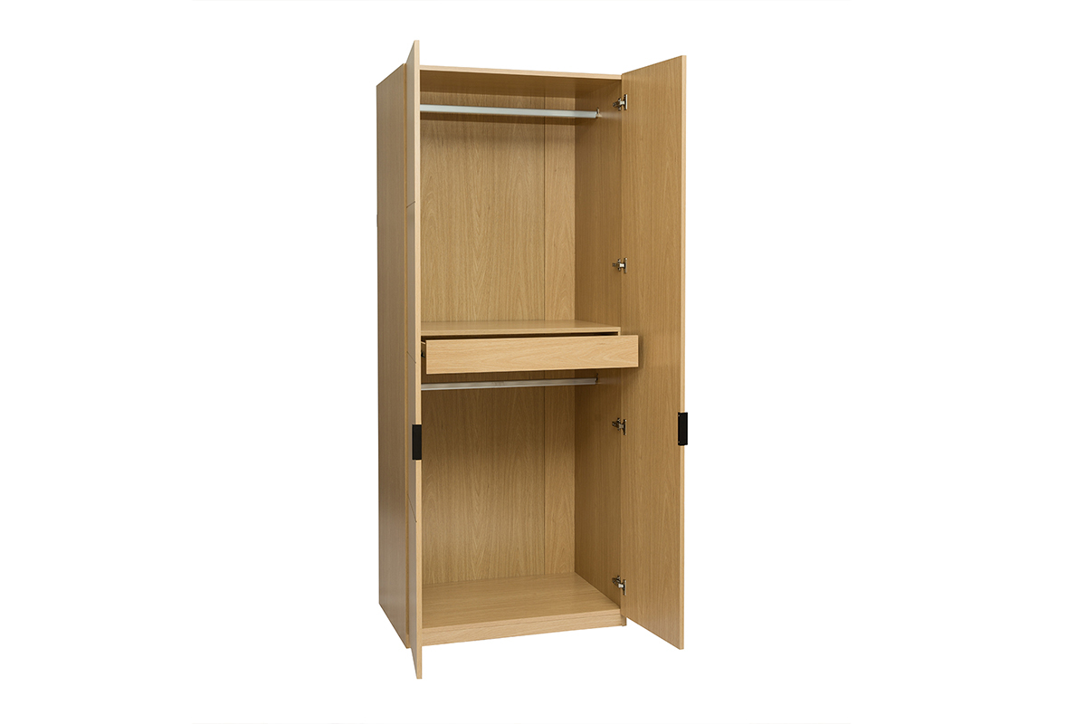 Armoire dressing bois chne, 2 portes ouvertes, 2 tringles, tiroir central.