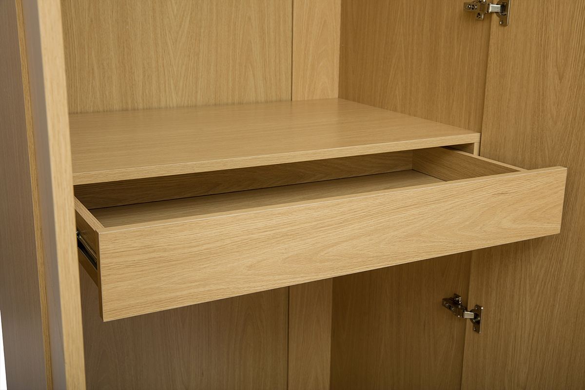 Vue intrieure de l'armoire GARENCE avec tiroir ouvert, finition bois chne.