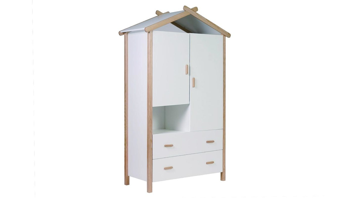 Armoire enfant cabane avec penderie et tiroirs finition blanc mat et bois clair L100 cm BIRDY
