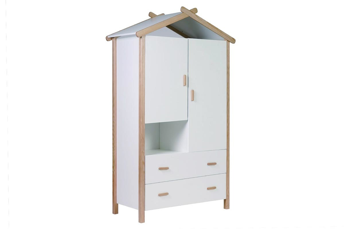 Armoire enfant cabane avec penderie et tiroirs finition blanc mat et bois clair L100 cm BIRDY