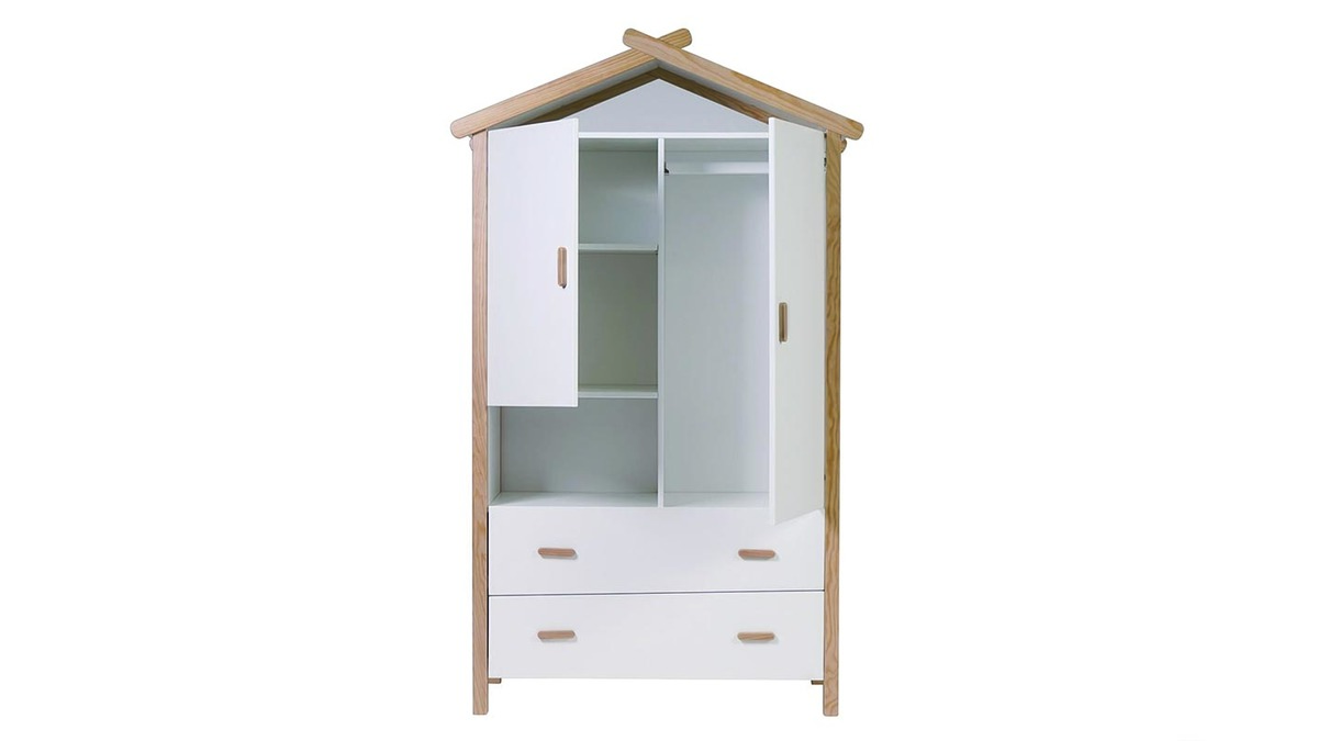 Armoire enfant cabane avec penderie et tiroirs finition blanc mat et bois clair L100 cm BIRDY