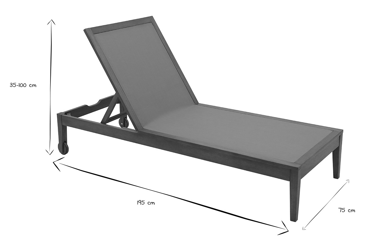 Dimensions du bain de soleil NAVEEN en noir et blanc: L195 x P75 x H35-100 cm.