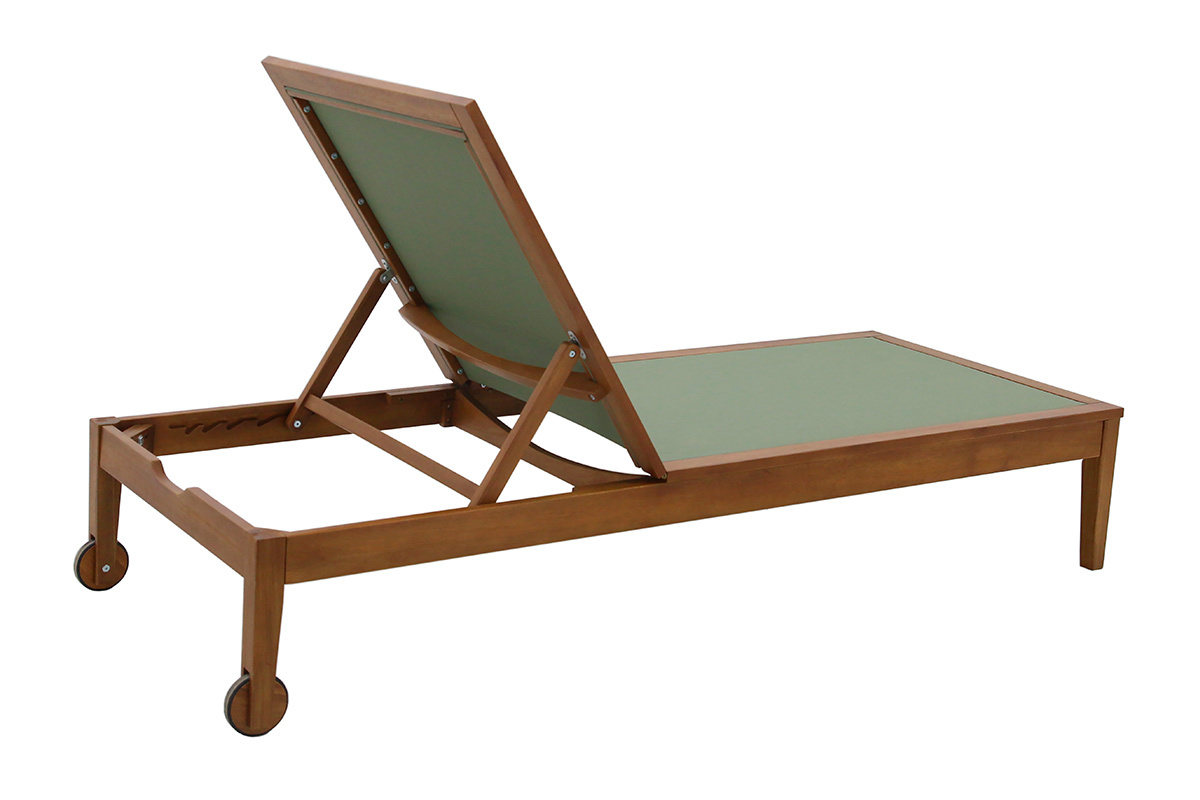 Bain de soleil en bois massif avec toile kaki, vue de profil, roues et dossier inclinable.