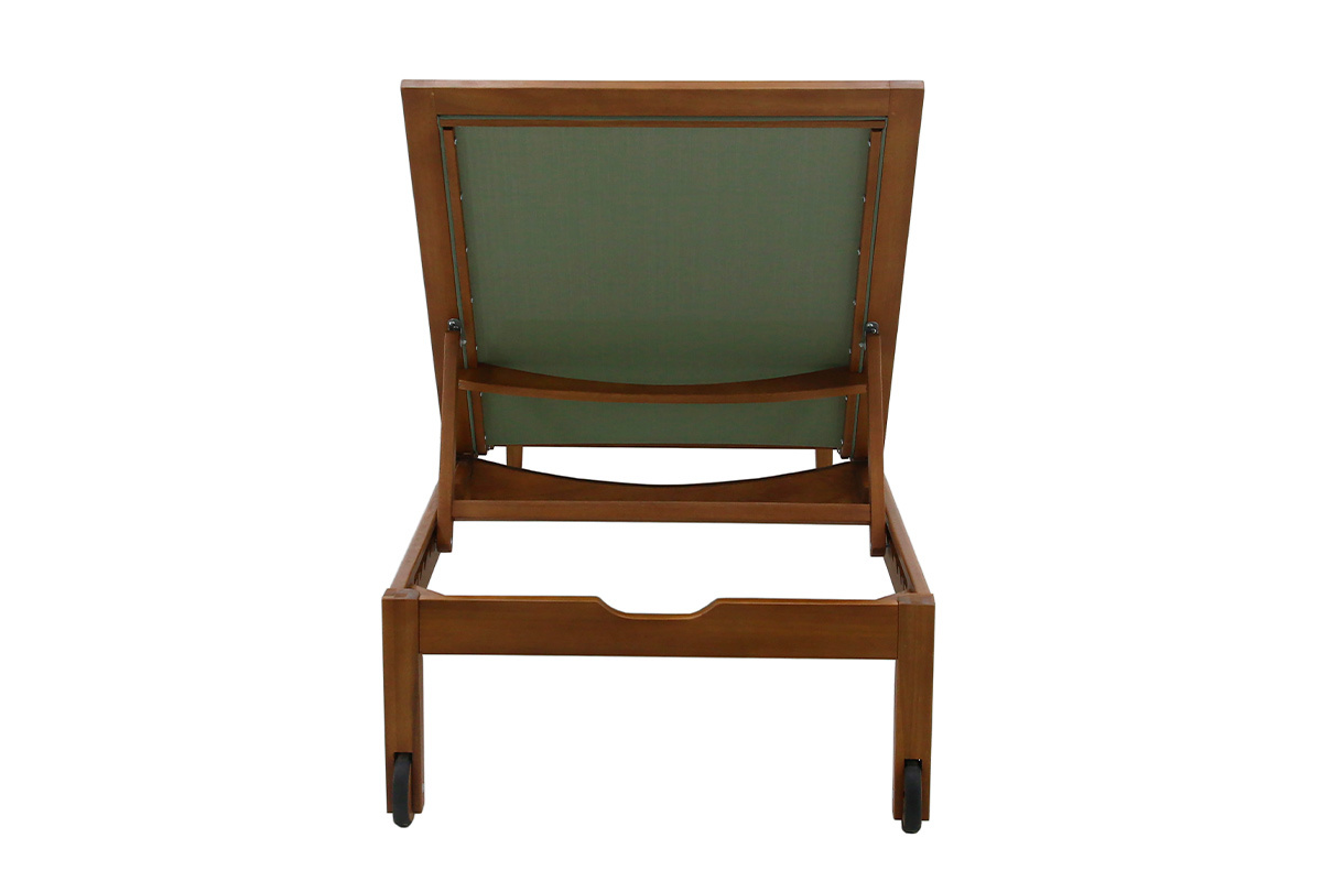 Vue arri�re d'un bain de soleil en bois massif et toile vert kaki.