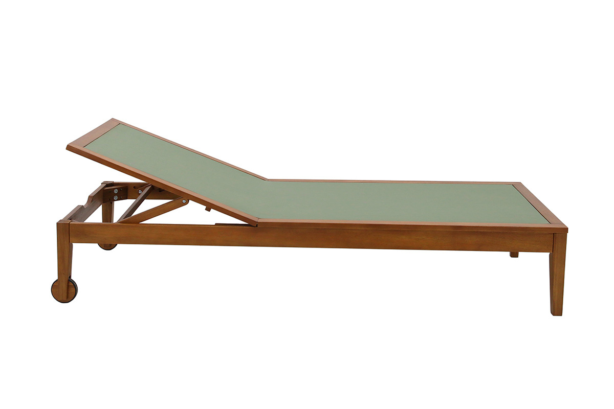 Bain de soleil en bois massif et toile verte kaki, vue de c�t�.