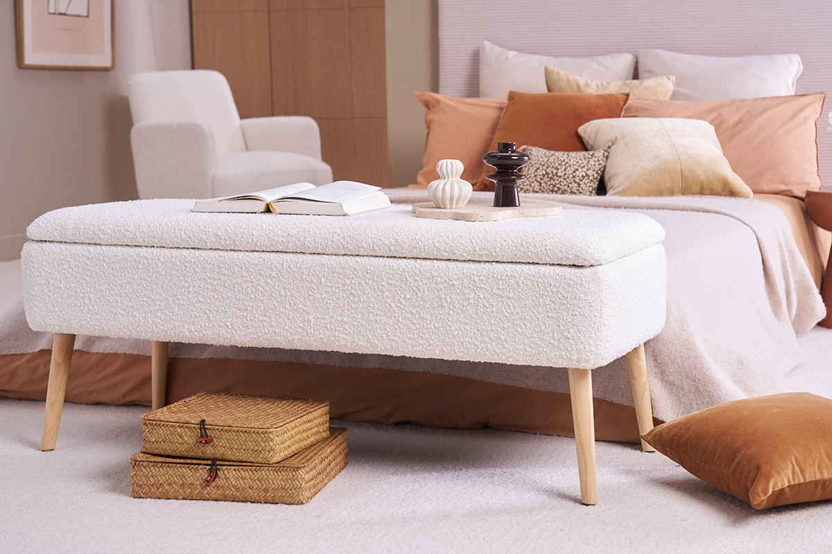 Banc coffre effet laine boucle blanc et bois clair massif L120 cm LARS