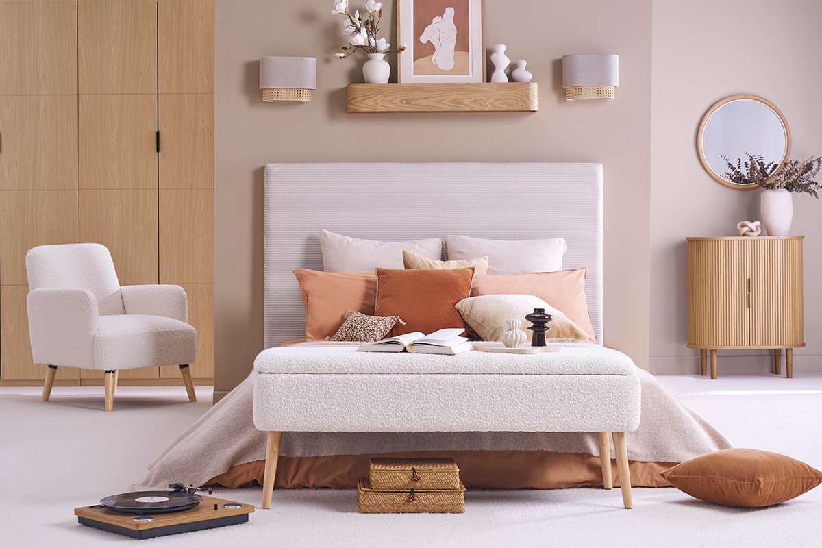 Banc coffre effet laine boucle blanc et bois clair massif L120 cm LARS