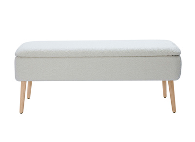 Banc coffre effet laine bouclée blanc et bois clair massif L120 cm LARS
