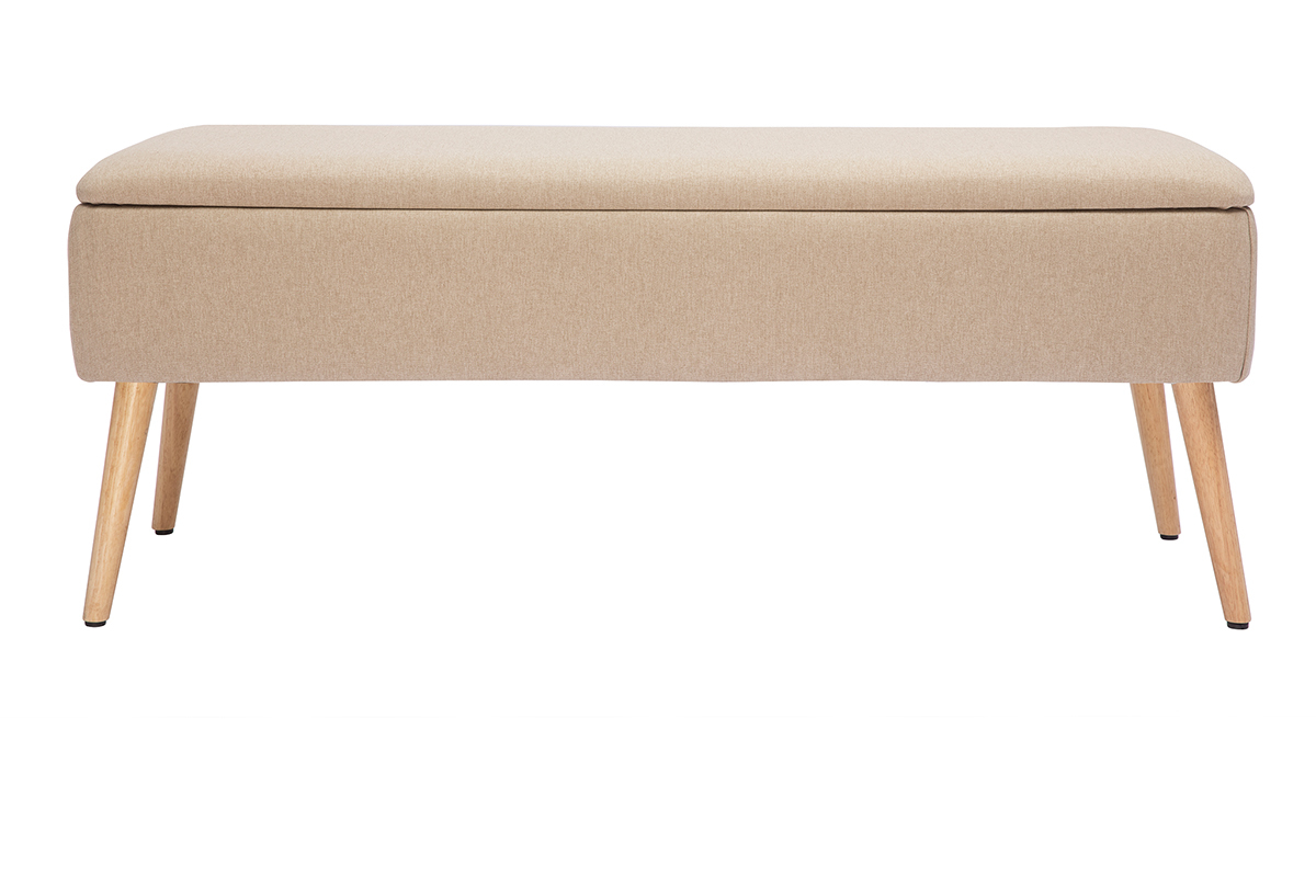 Banc coffre en tissu beige et bois clair massif L120 cm LARS