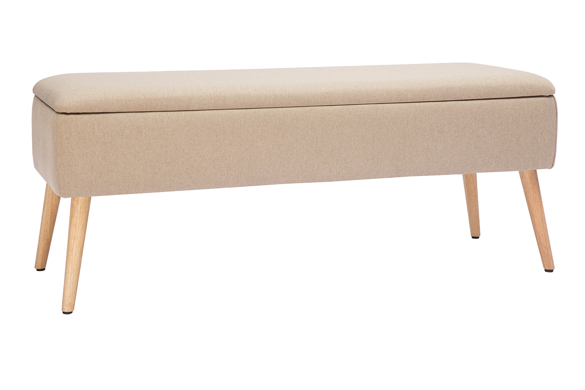 Banc coffre en tissu beige et bois clair massif L120 cm LARS