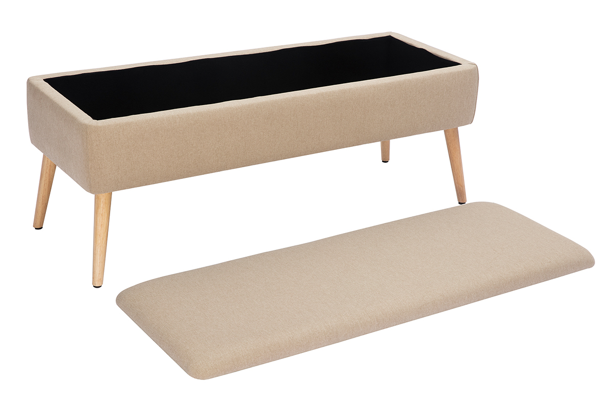 Banc coffre en tissu beige et bois clair massif L120 cm LARS